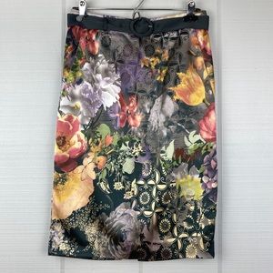 DStudio Pencil Skirt w/ Belt Floral Mixed Media Print Pockets Size 2
